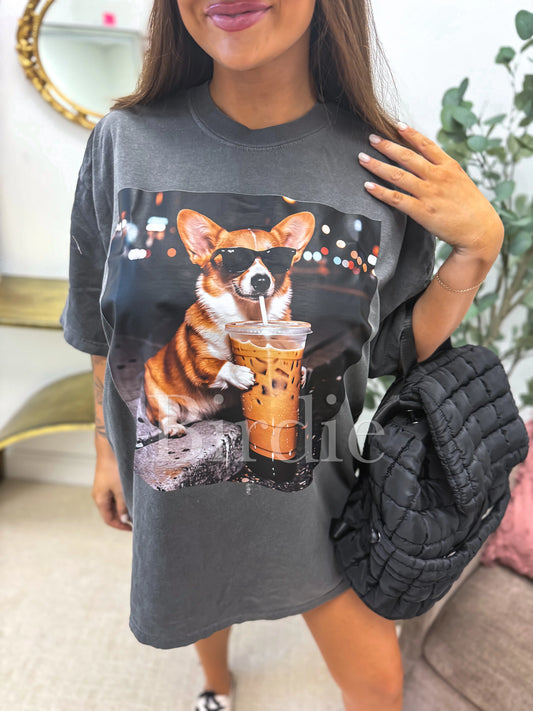 Iced Coffee Corgi Graphic Tee on Pepper