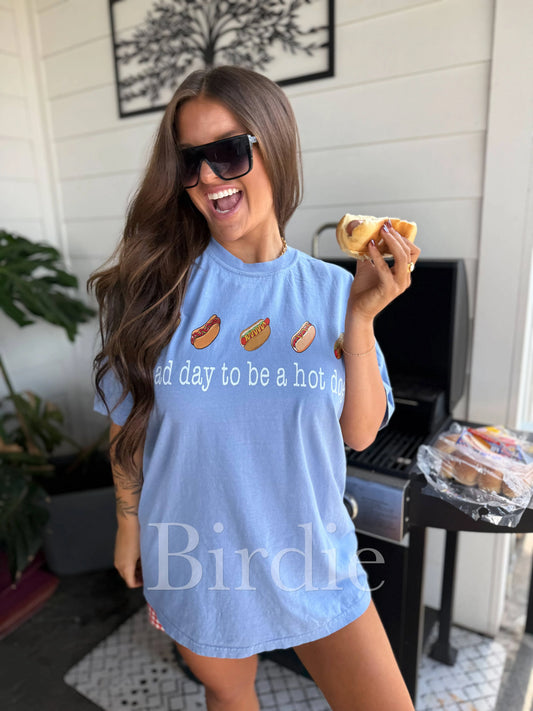 Bad Day To Be a Hot Dog Graphic Tee on Washed Denim