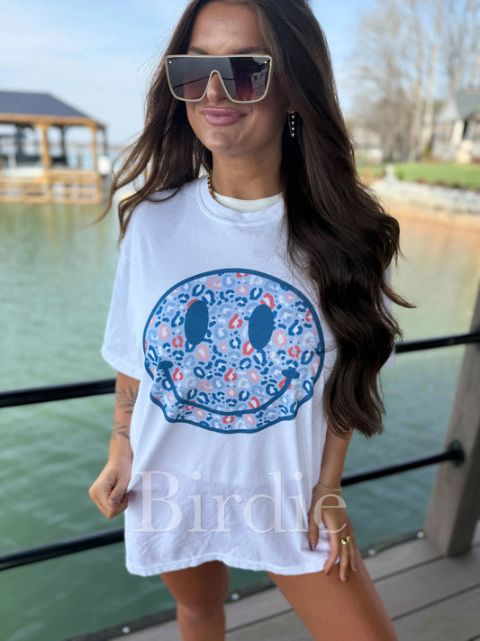 Patriotic Leopard Smiley Graphic Tee on White