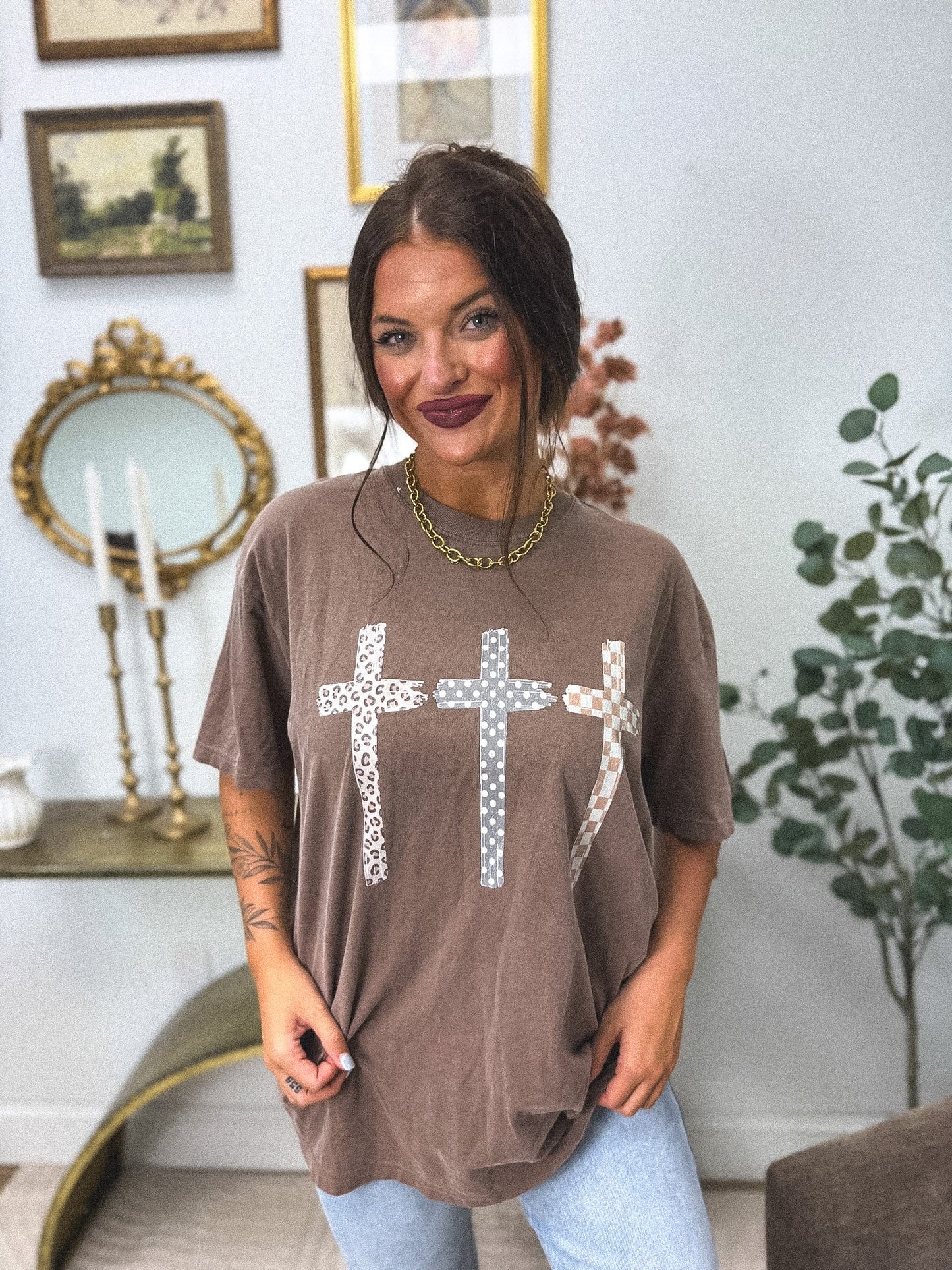 3 Crosses Graphic Tee on Espresso *final sale*