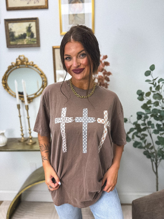 3 Crosses Graphic Tee on Espresso *final sale*