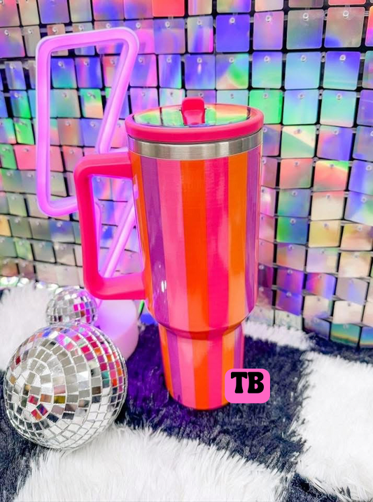 ★Neon Pink Stripes No Spill 40oz Tumbler★
