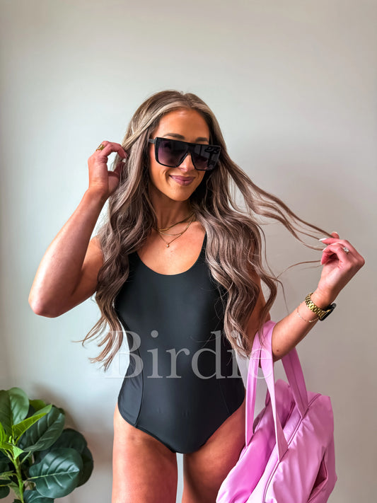 PREORDER Birdie Black Tide Ribbed Lace-Up One Piece Swimsuit
