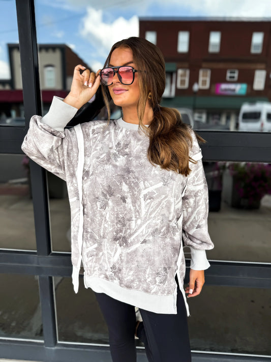 PRE-ORDER Birdie Double Front Slit Oversized Pullover In Light Camo