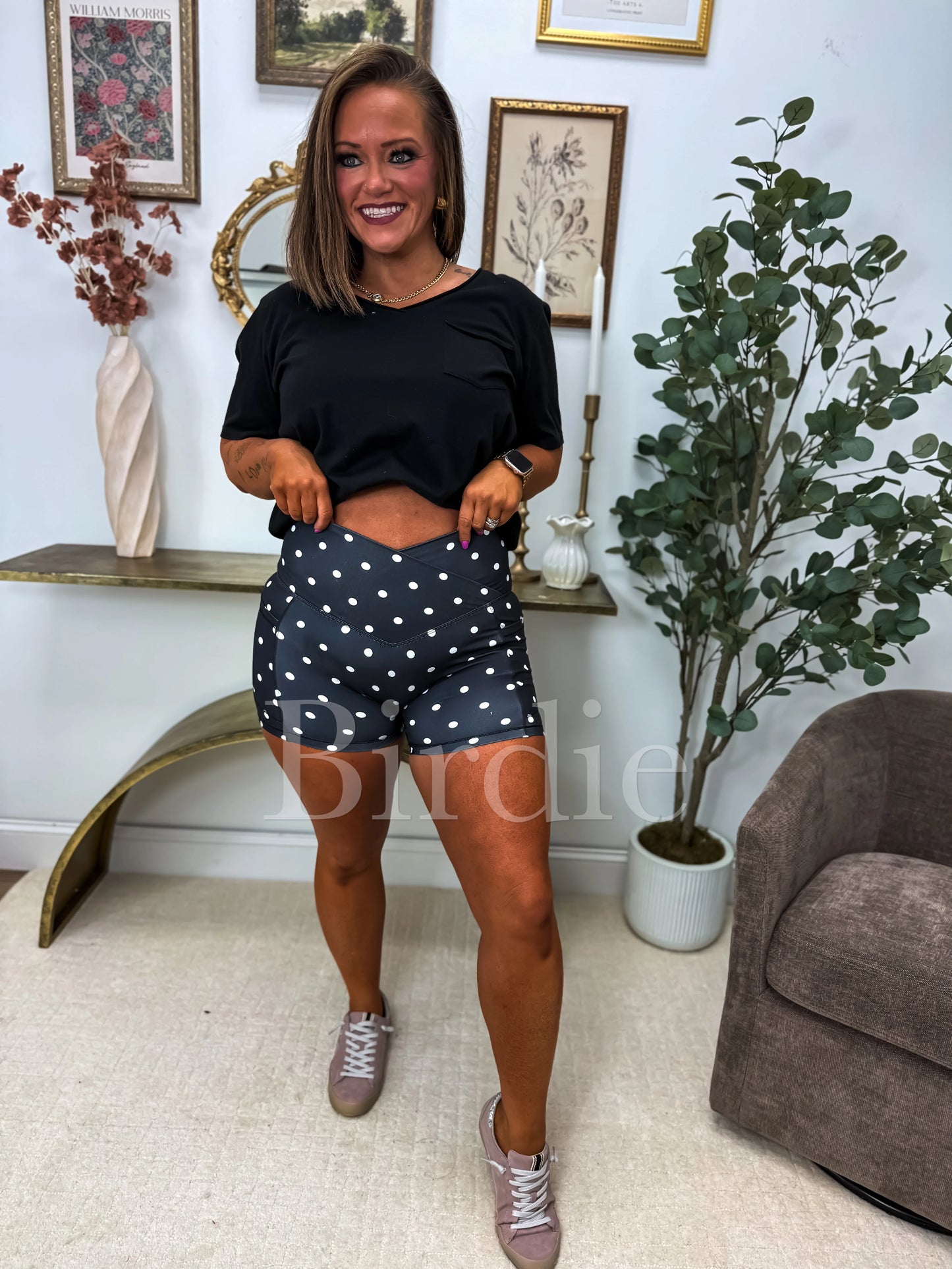 PREORDER Birdie Crossover Biker Shorts in Black with White Polka Dots