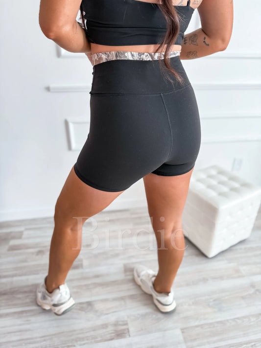 Birdie Black Biker Shorts with Dark Camo