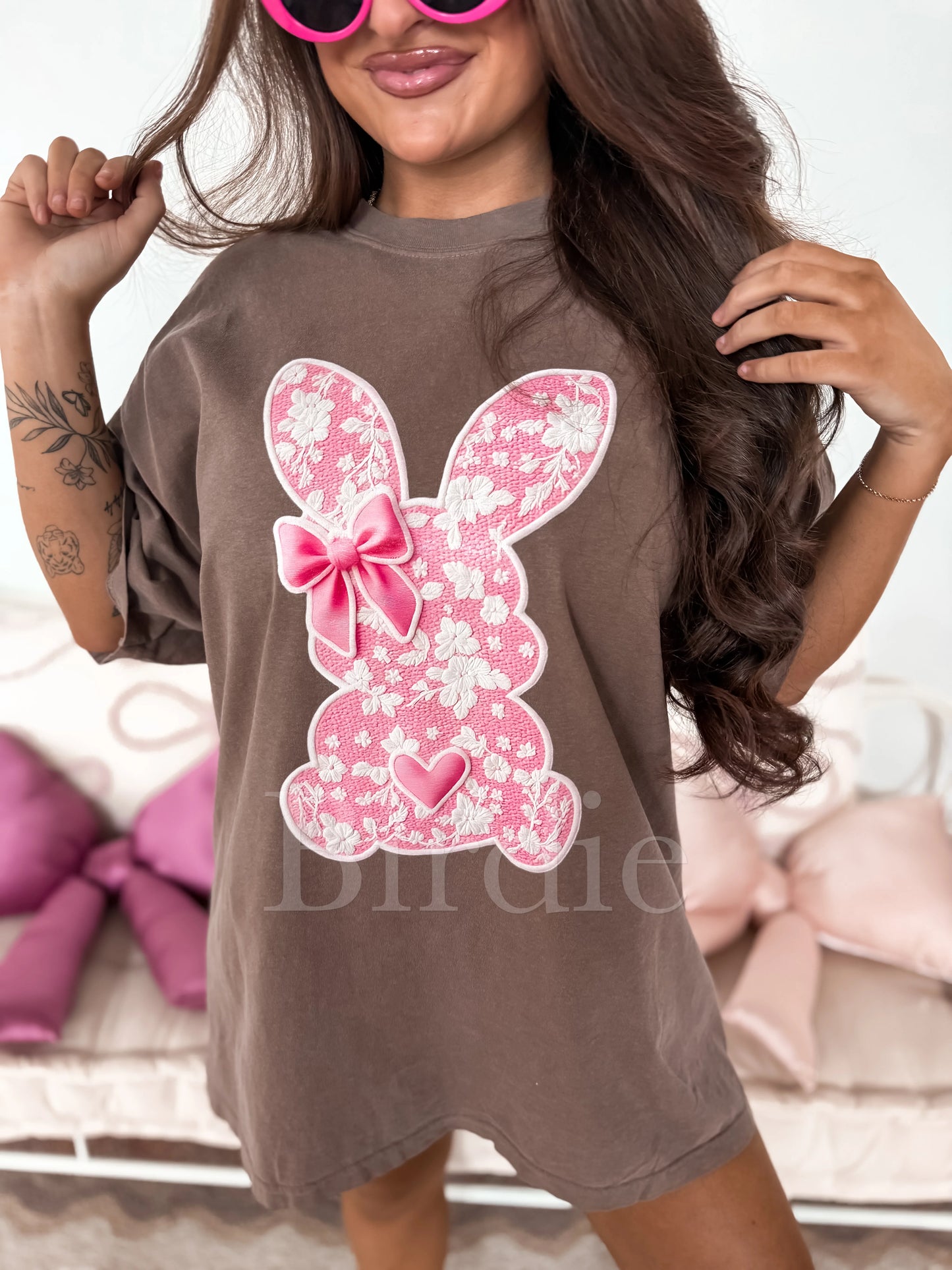 Pink & White Lace Bunny Graphic Tee on Espresso