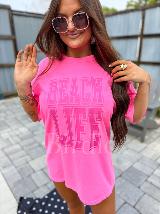 Beach Life Graphic Tee on Neon Pink