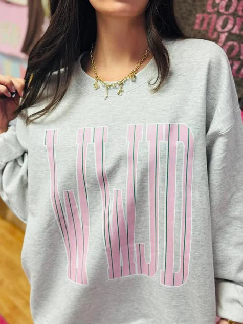 WWJD Jumbo Striped Graphic Crewneck Sweatshirt on Ash