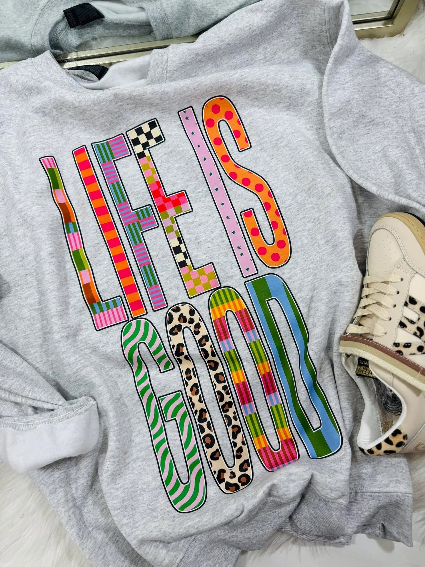 Life is Good Funky Oversized Graphic Crewneck Sweatshirt on Ash