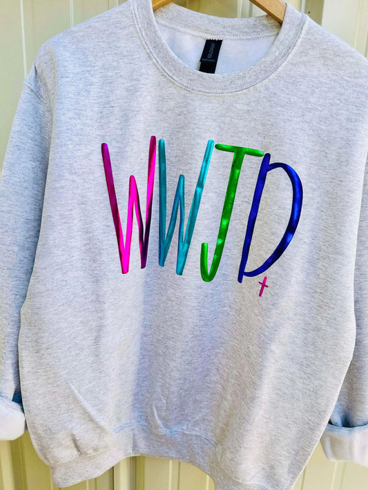 WWJD Metallic Puff Graphic Crewneck Sweatshirt on Ash