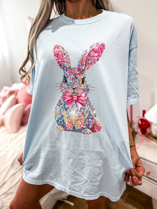Faux Rhinestone Bunny Graphic Tee on Chambray