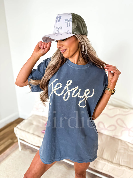 Faux Jesus Pearls Graphic Tee on Denim