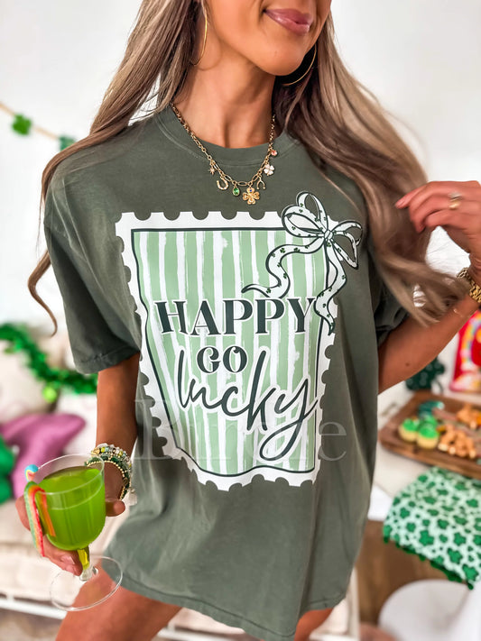 Happy Go Lucky Graphic Tee on Moss Green