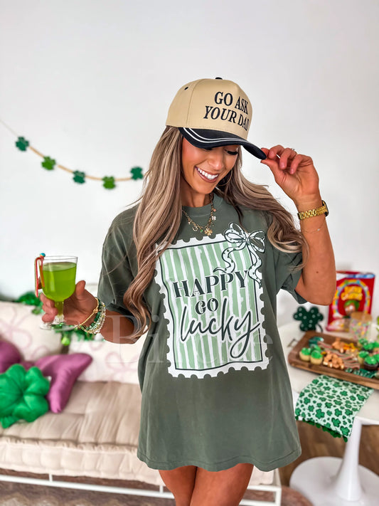 Happy Go Lucky Graphic Tee on Moss Green