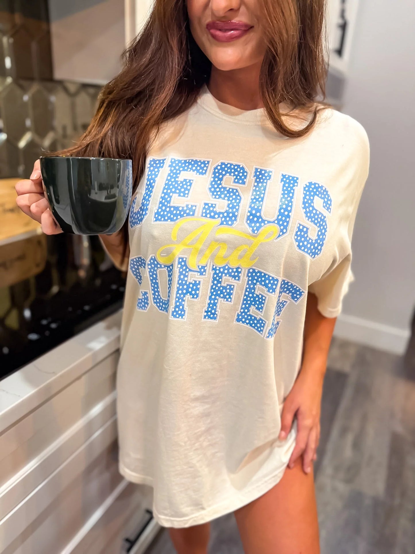 Jesus & Coffee Polka Dot Graphic Tee on Ivory