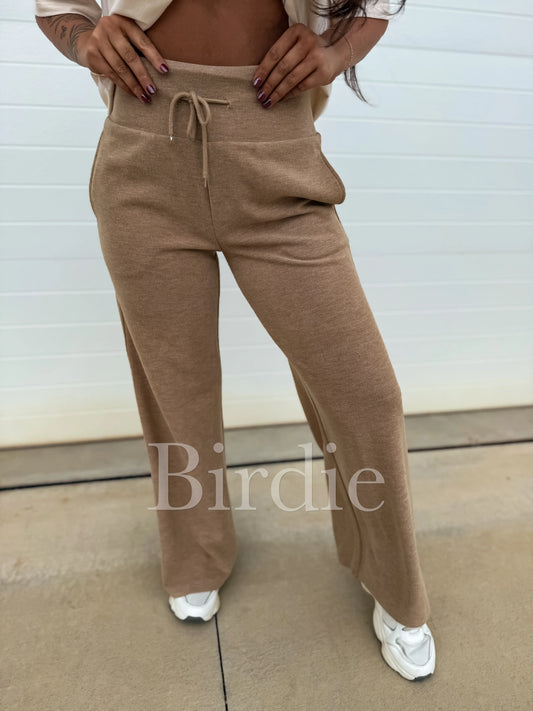 Birdie Ribbed Wide Leg Pants With Tummy Control in Tan