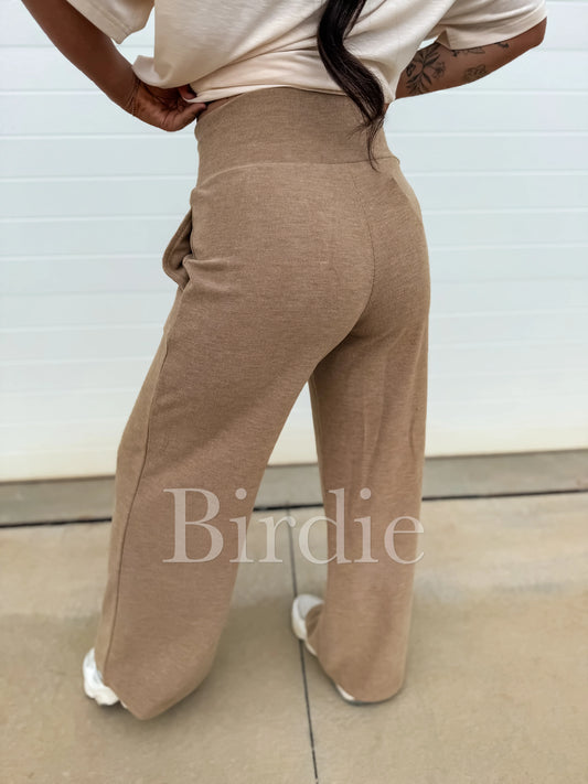 Birdie Ribbed Wide Leg Pants With Tummy Control in Tan