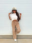 Birdie Ribbed Wide Leg Pants With Tummy Control in Tan