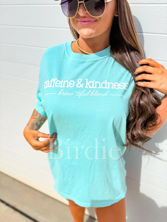 Caffeine & Kindness Graphic Tee on Chalky Mint