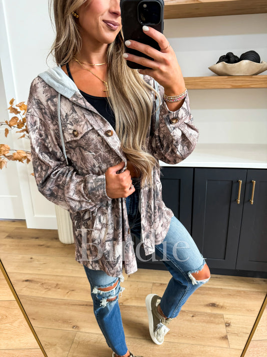 PRE-ORDER Birdie Ribbed Shacket With Gray Hood In Dark Camo