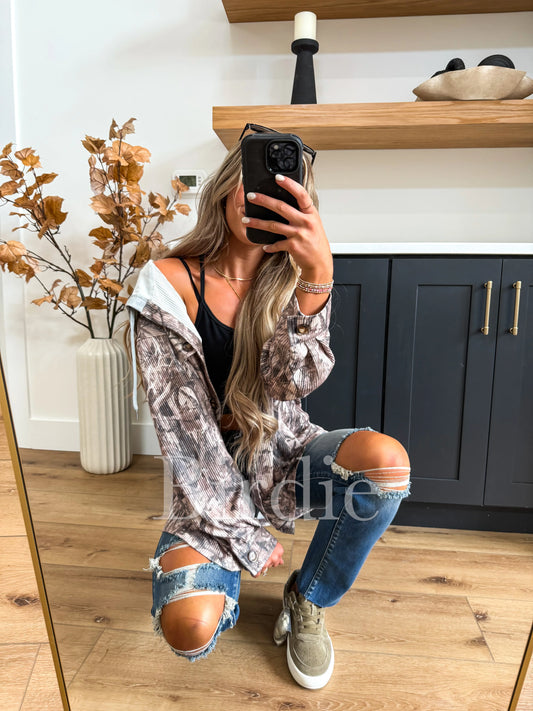 PRE-ORDER Birdie Ribbed Shacket With Gray Hood In Dark Camo