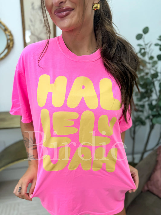 Hallelujah Graphic Tee on Neon Pink