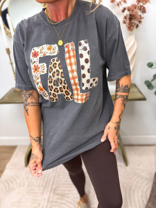 Fall Patchwork Graphic Tee on Pepper *final sale*