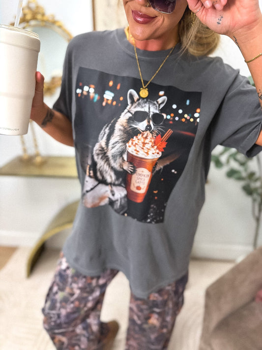 Raccoon with Frapp Graphic Tee on Pepper *final sale*