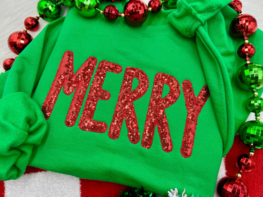 PREORDER Merry Red Sequin Embroidered/ Appliqué Tee/ Crew