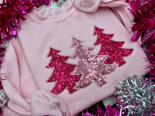 PREORDER Pink Christmas Tree Trio Embroidered/ Appliqué Tee/ Crew