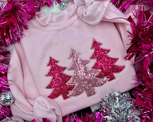 PREORDER Pink Christmas Tree Trio Embroidered/ Appliqué Tee/ Crew