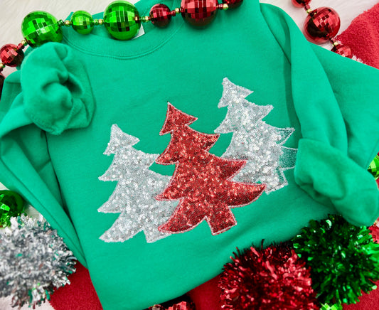 PREORDER Red & Silver Christmas Tree Trio Embroidered/ Appliqué Tee/ Crew