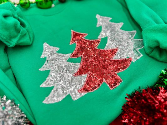PREORDER Red & Silver Christmas Tree Trio Embroidered/ Appliqué Tee/ Crew