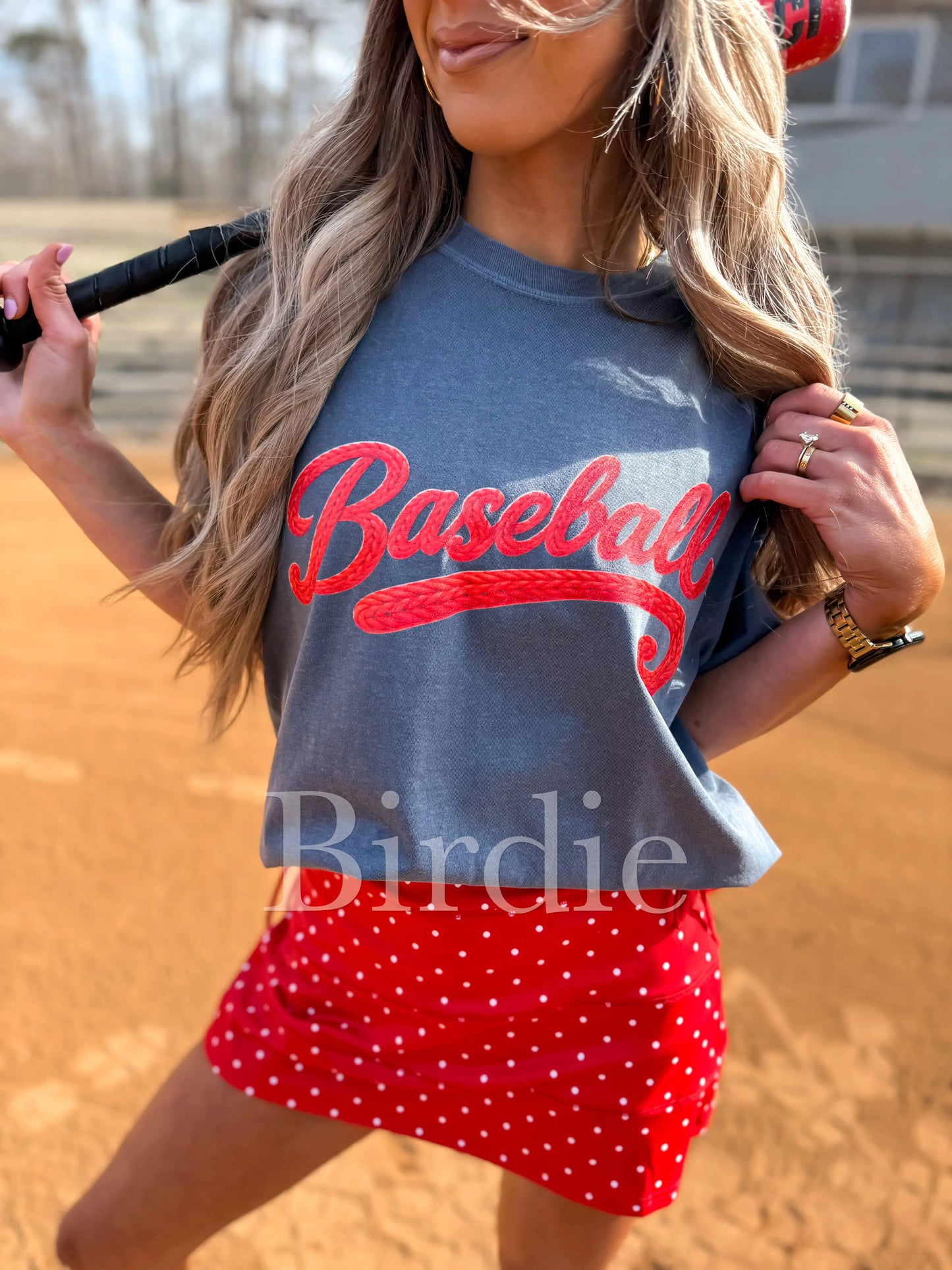 Faux Yarn Baseball Graphic Tee on Denim