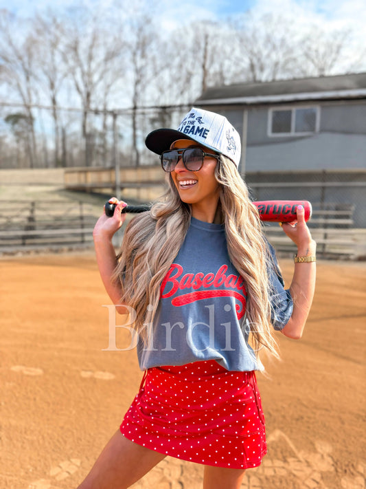 Faux Yarn Baseball Graphic Tee on Denim
