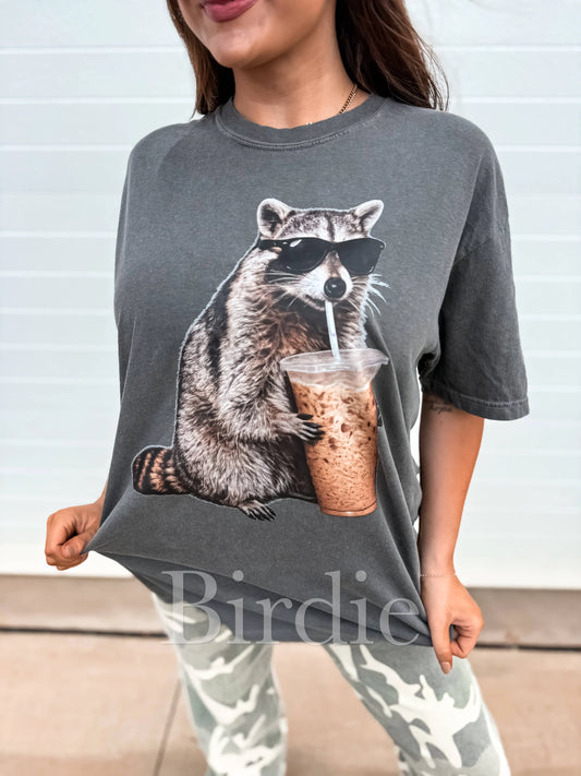 Raccoon & Coffee Graphic Tee on Pepper
