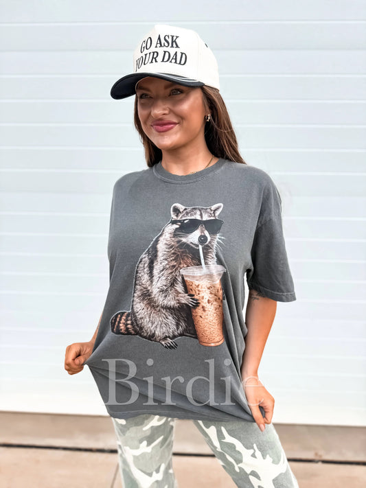 Raccoon & Coffee Graphic Tee on Pepper