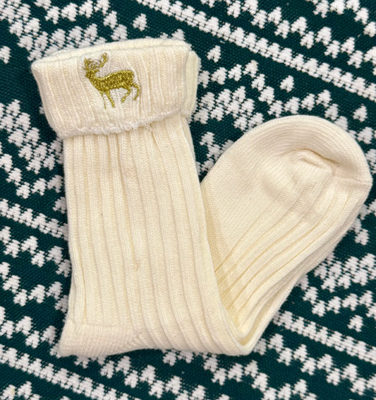 Ivory Reindeer Embroidered Socks