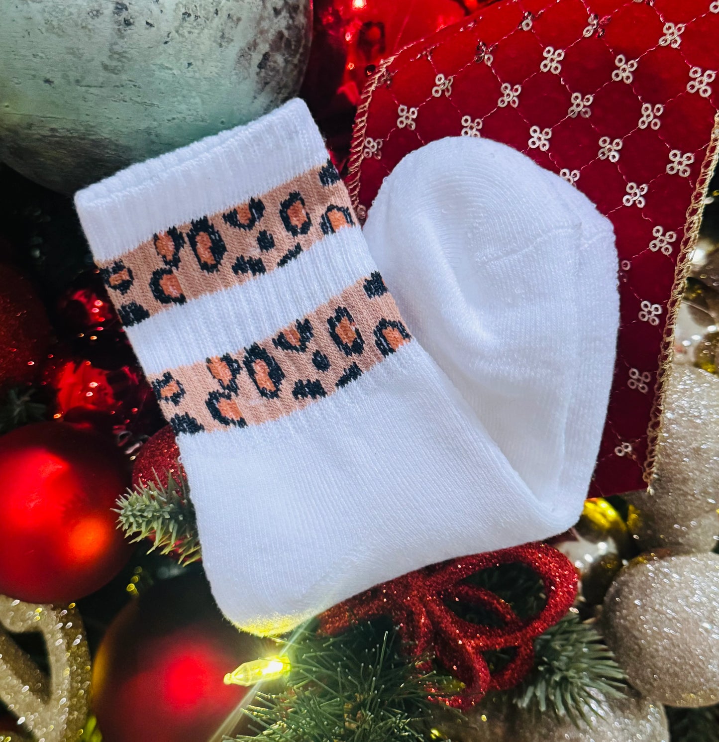White Leopard Striped Winter Socks