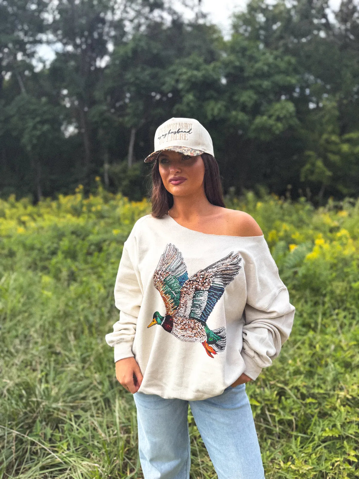Faux Rhinestone Duck Off Shoulder Graphic Crewneck on Sand *final sale*