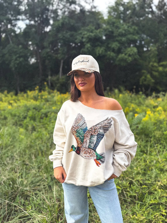 Faux Rhinestone Duck Off Shoulder Graphic Crewneck on Sand *final sale*
