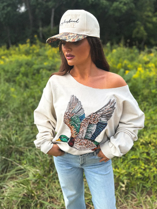 Faux Rhinestone Duck Off Shoulder Graphic Crewneck on Sand *final sale*