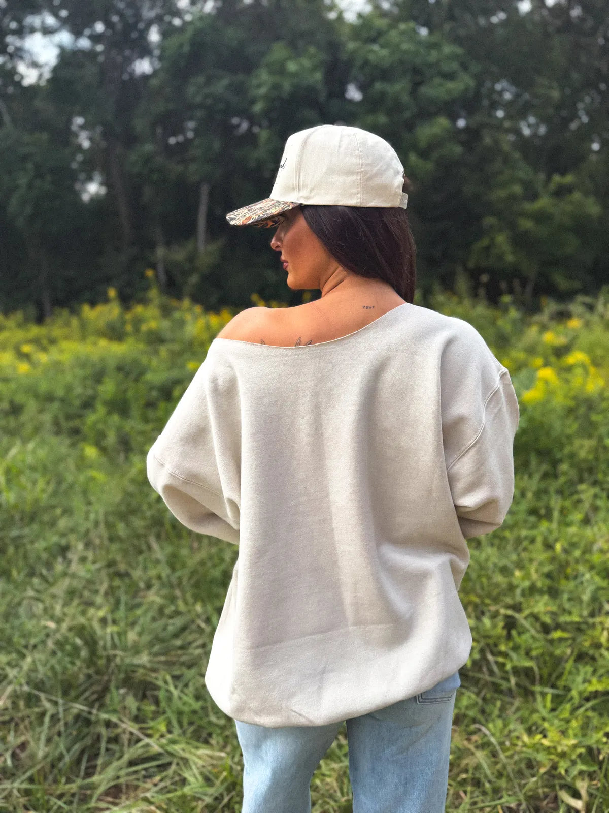 Faux Rhinestone Duck Off Shoulder Graphic Crewneck on Sand *final sale*