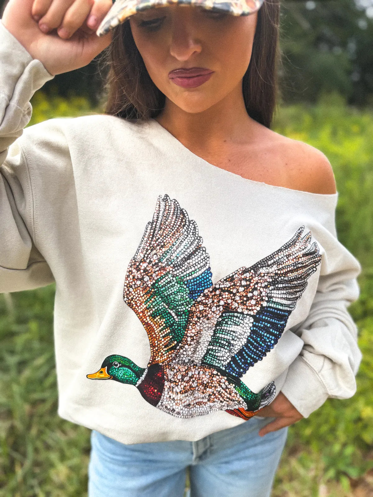 Faux Rhinestone Duck Off Shoulder Graphic Crewneck on Sand *final sale*
