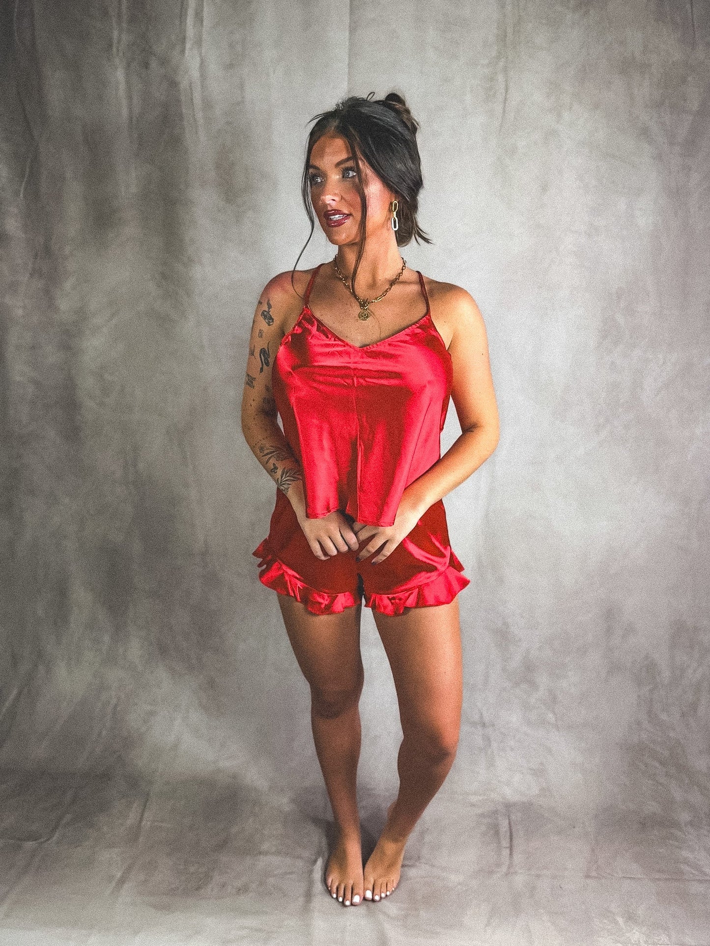 PREORDER Birdie Satin Sweetheart Set in Ruby (Sold as Set)