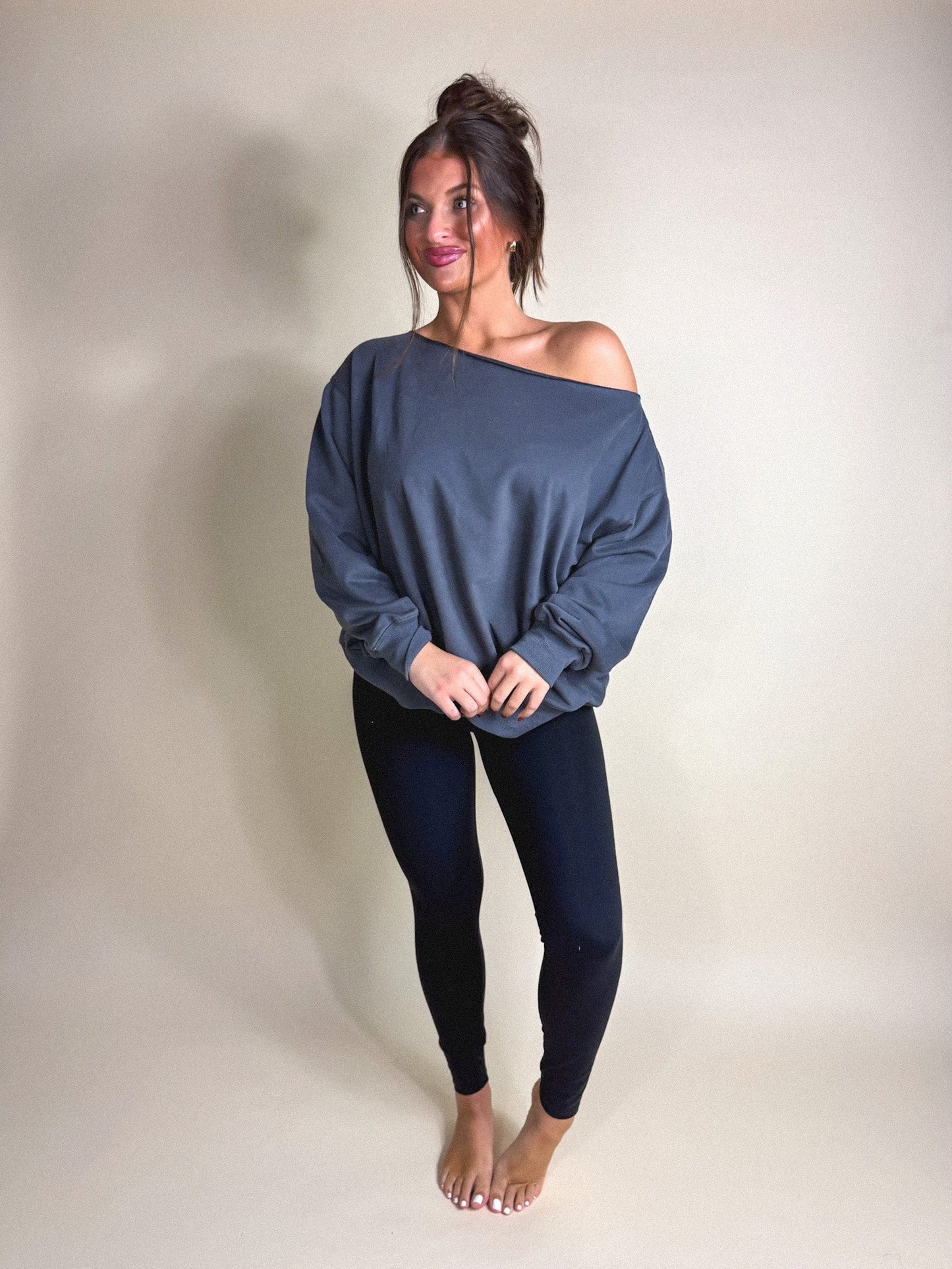 PREORDER Birdie Slouchy Off the Shoulder Sweatshirt in Graphite