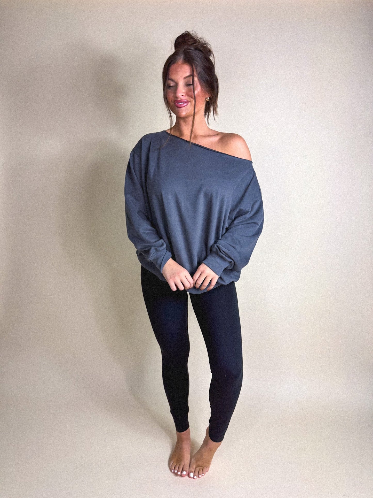 PREORDER Birdie Slouchy Off the Shoulder Sweatshirt in Graphite