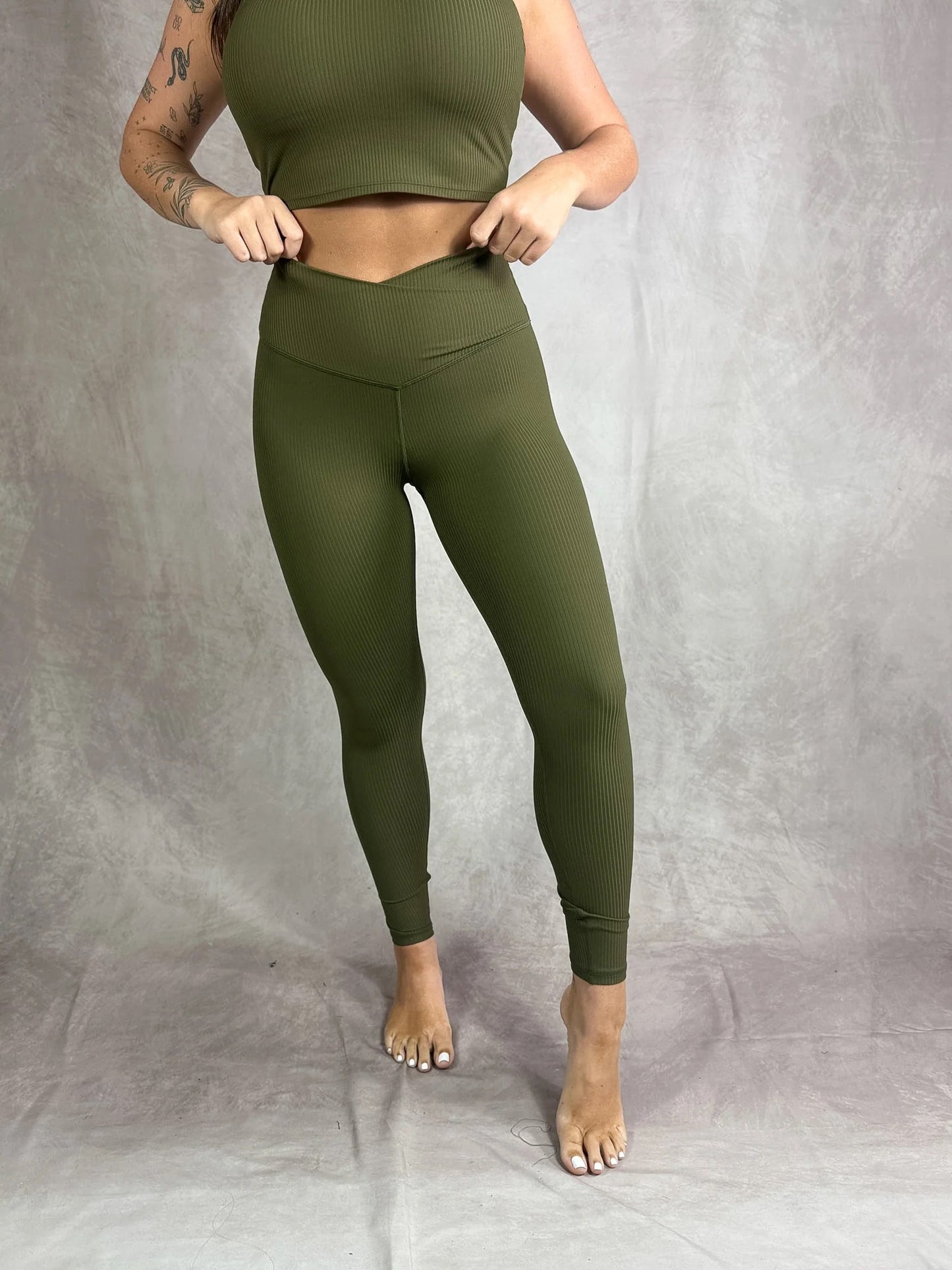 PREORDER Birdie Ribbed Crossover Leggings in Dark Olive *final sale*