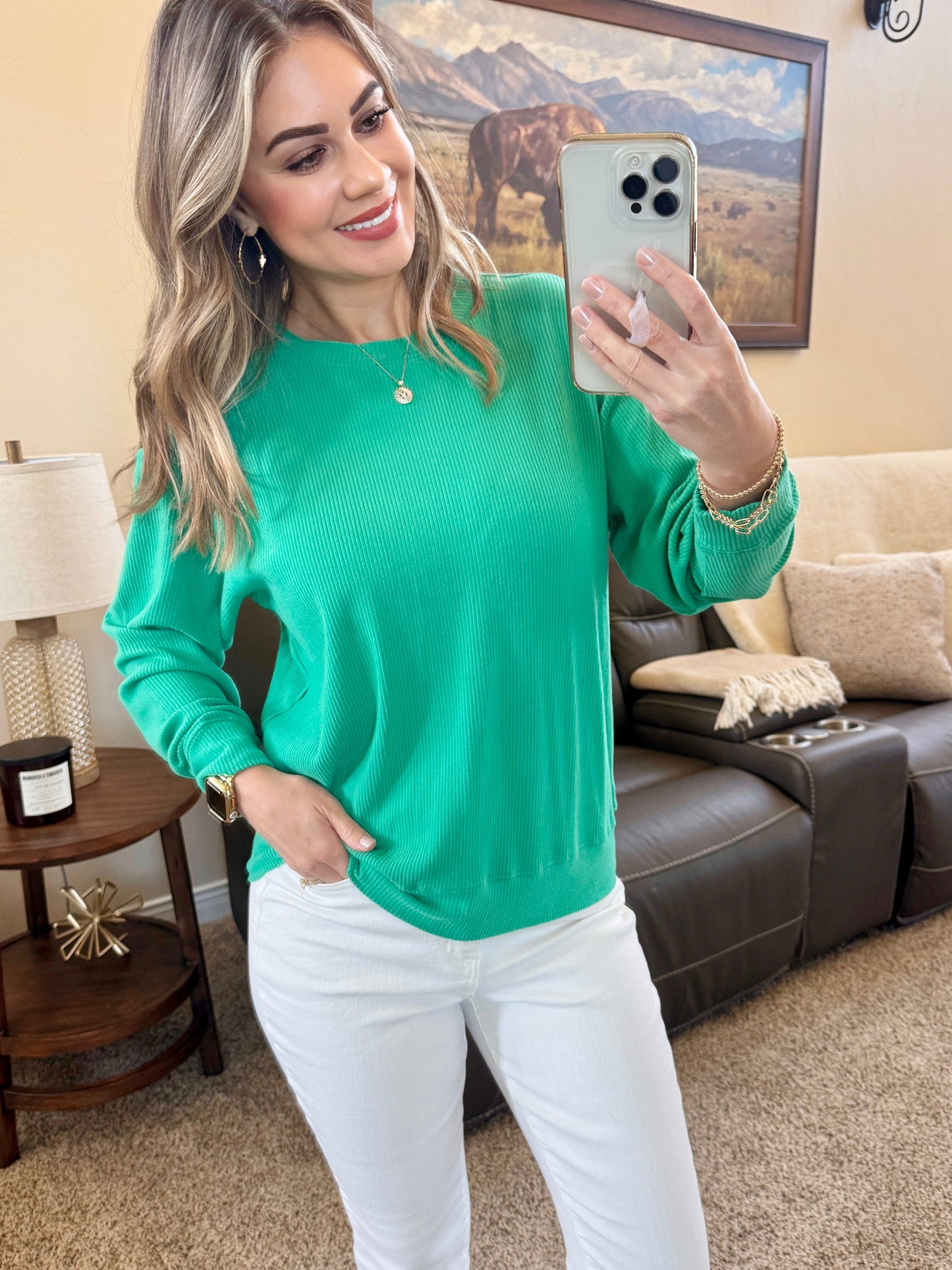 Michelle Mae Corrine Ribbed Pullover Top in Emerald